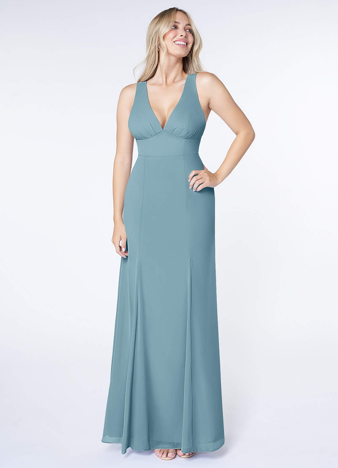 Azazie Christiana Bridesmaid Dresses Moody Blue A-Line V-Neck Pleated Chiffon Dress image1
