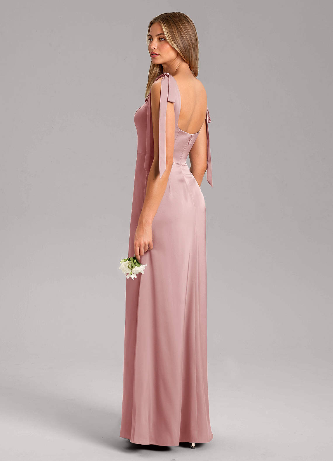 Azazie Frostine Vestidos de madrinha de casamento Vestido Rosa Empoeirada de Cetim elástico de Linha A com Arco image11