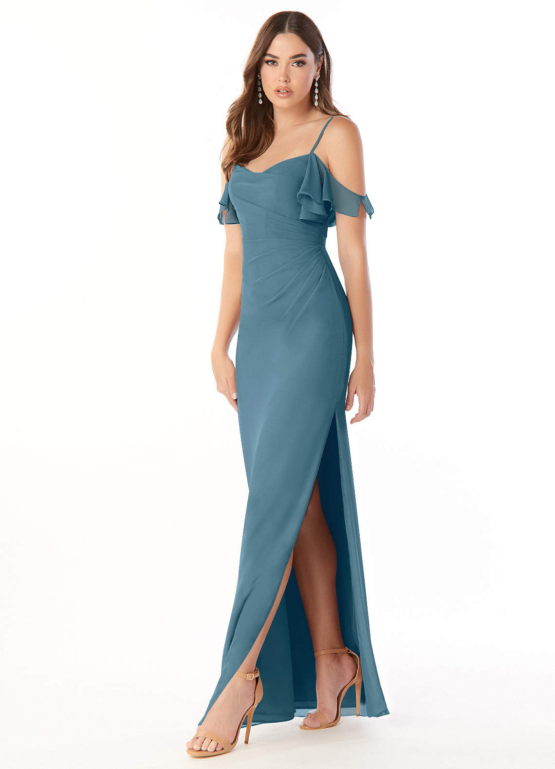 Azazie Emeralda Brautjungfernkleider Etui Schulterfrei Chiffon Kleid Bermudablau image1