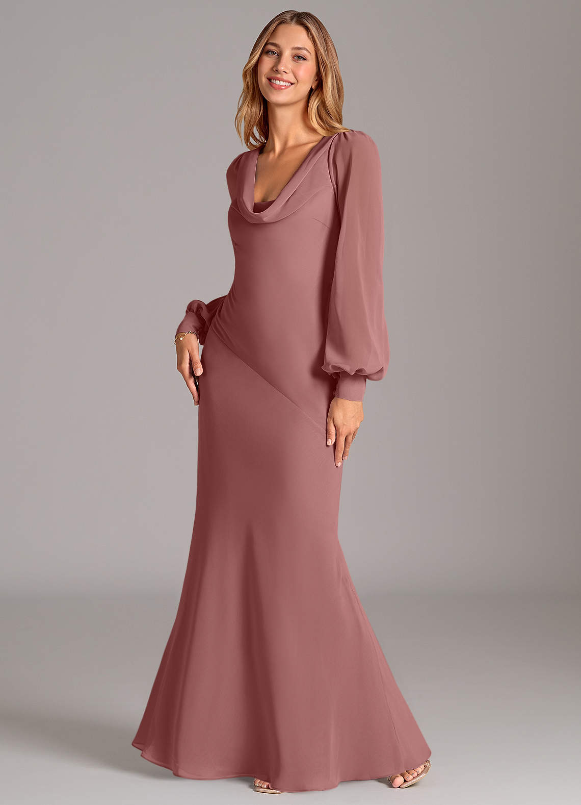 Azazie Rylina Bridesmaid Dresses Desert Rose Mermaid Long Sleeve Chiffon Dress image1