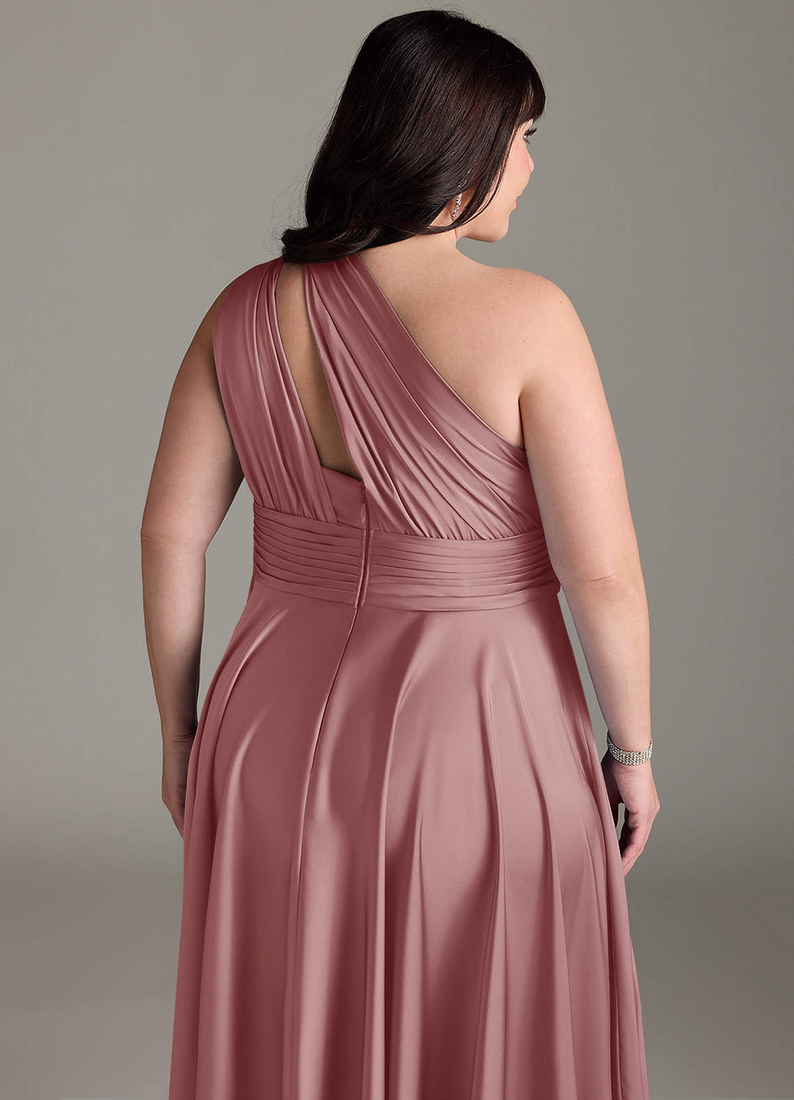Azazie Charlize Bridesmaid Dresses Dusty Rose A-Line One Shoulder Stretch Satin Dress image15