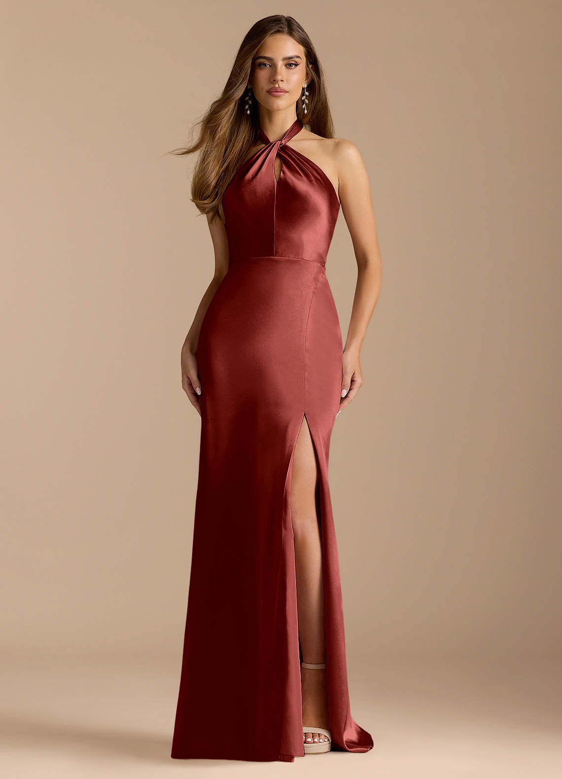 Azazie Tracie Bridesmaid Dresses Terracotta A-Line Pleated Metallic Satin Dress image1