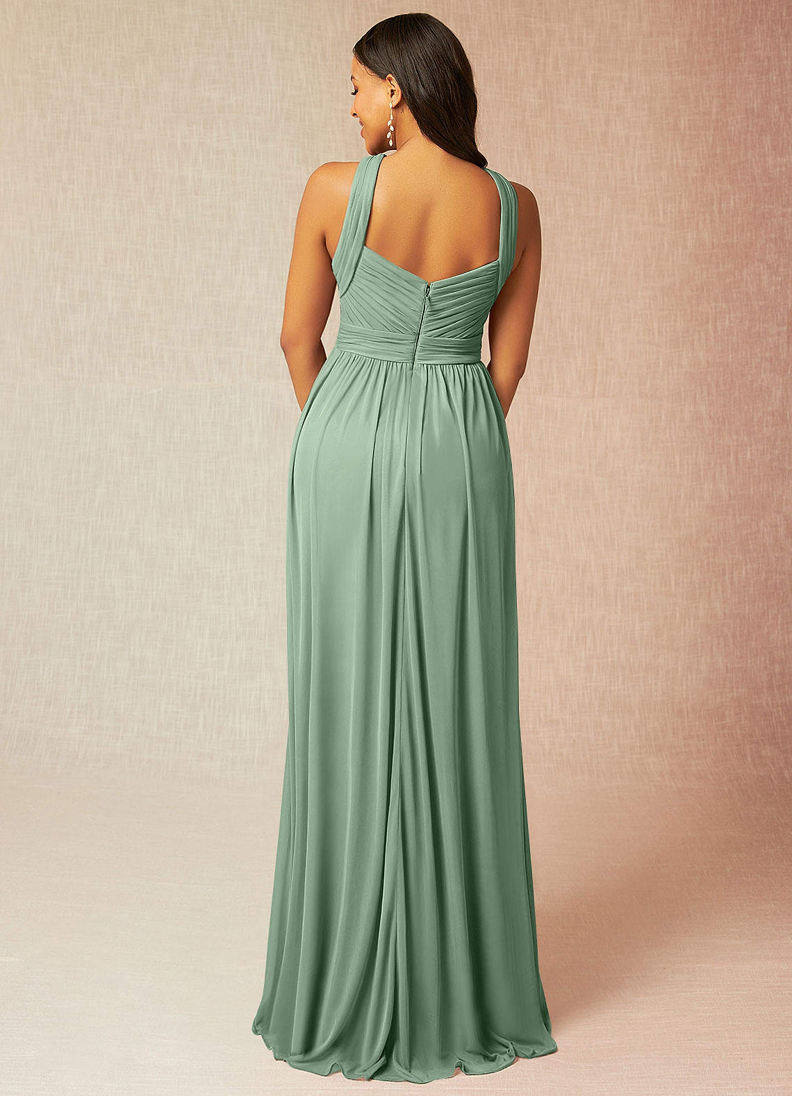 A-Line Halter Open Back Matcha Bridesmaid Dress with Split Front