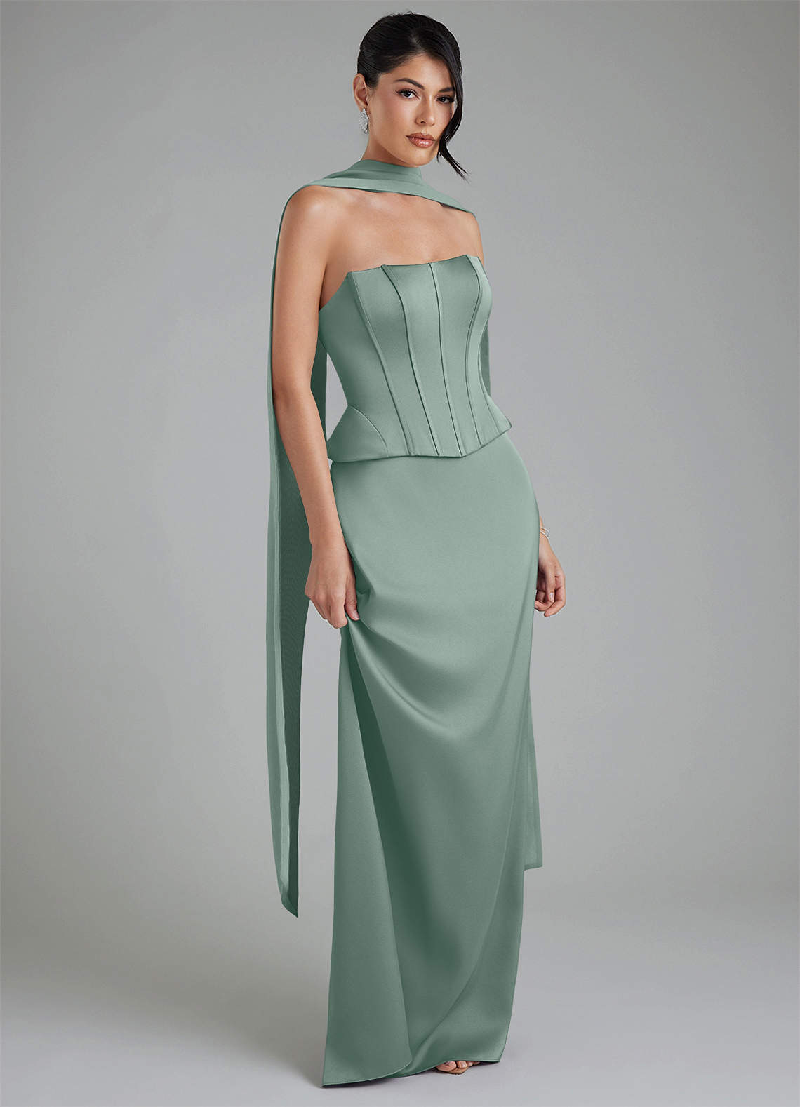 silver sage satin bridesmaid dresses Azazie Sheath Strapless Floor-Length Chiffon Bridesmaid Dresses