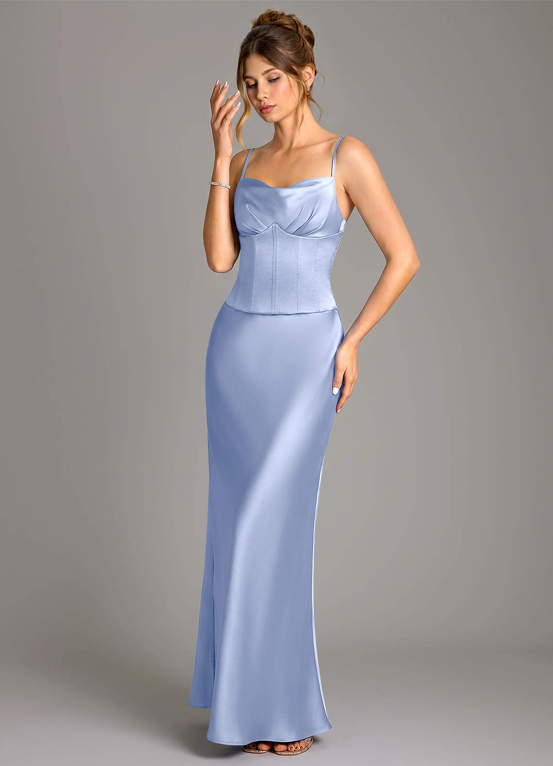 satin ice blue bridesmaid dresses Azazie Rue