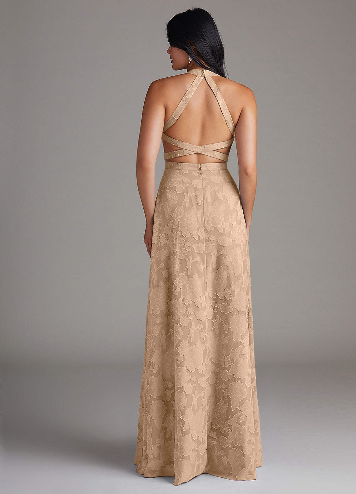 Azazie Clarice Champagne Floral Burnout Bridesmaid Dresses | Azazie