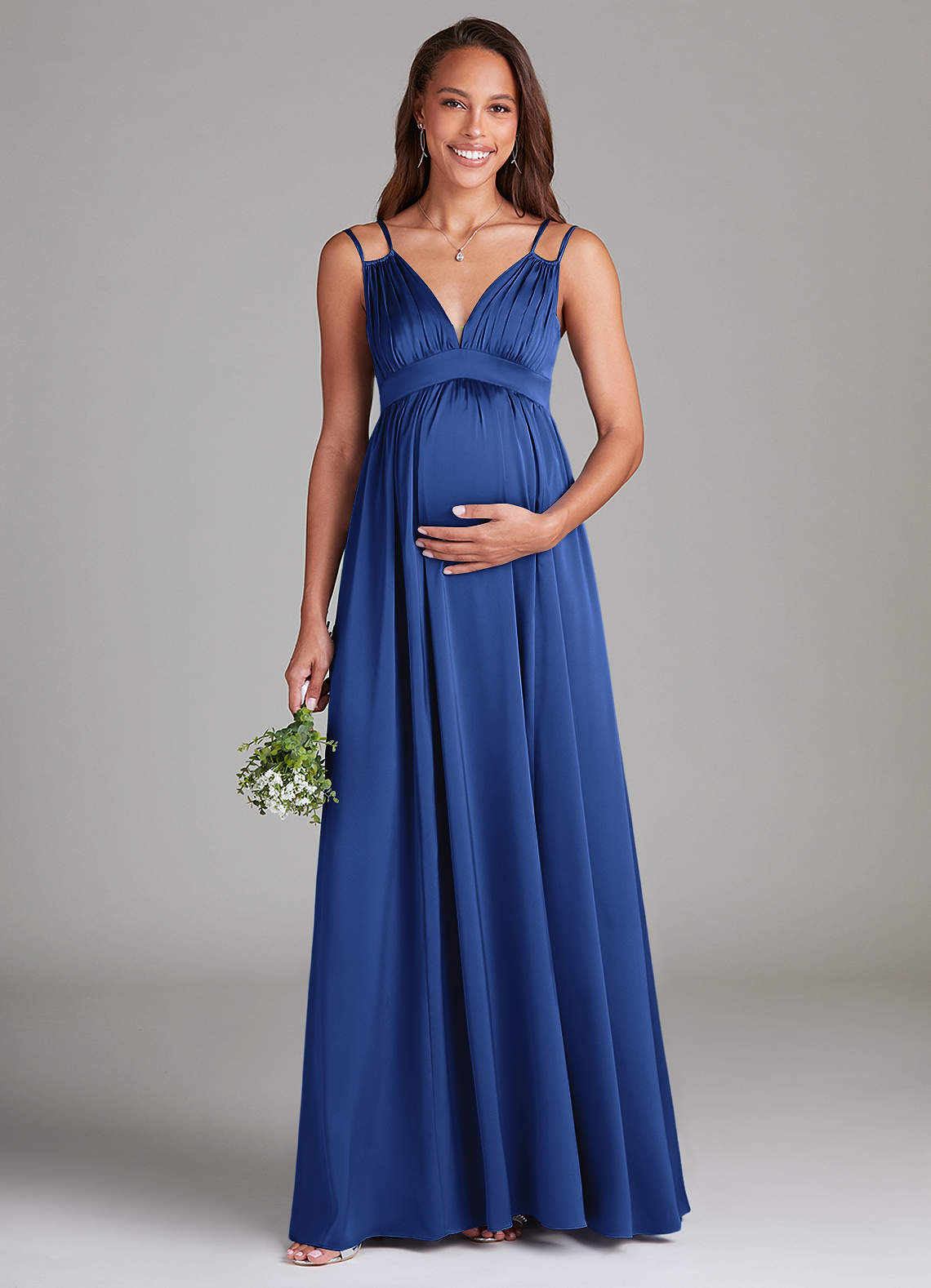 Azazie Emree Maternity Bridesmaid Dresses A-Line Stretch Satin Floor-Length Dress with Pockets image1