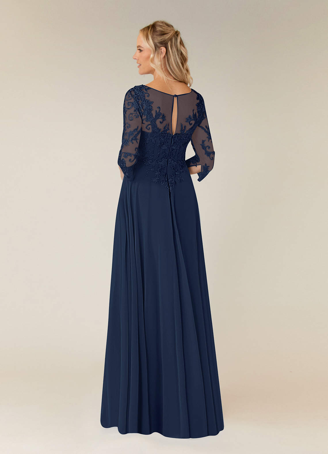 Azazie Noella Dark Navy A-Line V-Neck Lace Chiffon Dress | Azazie CA