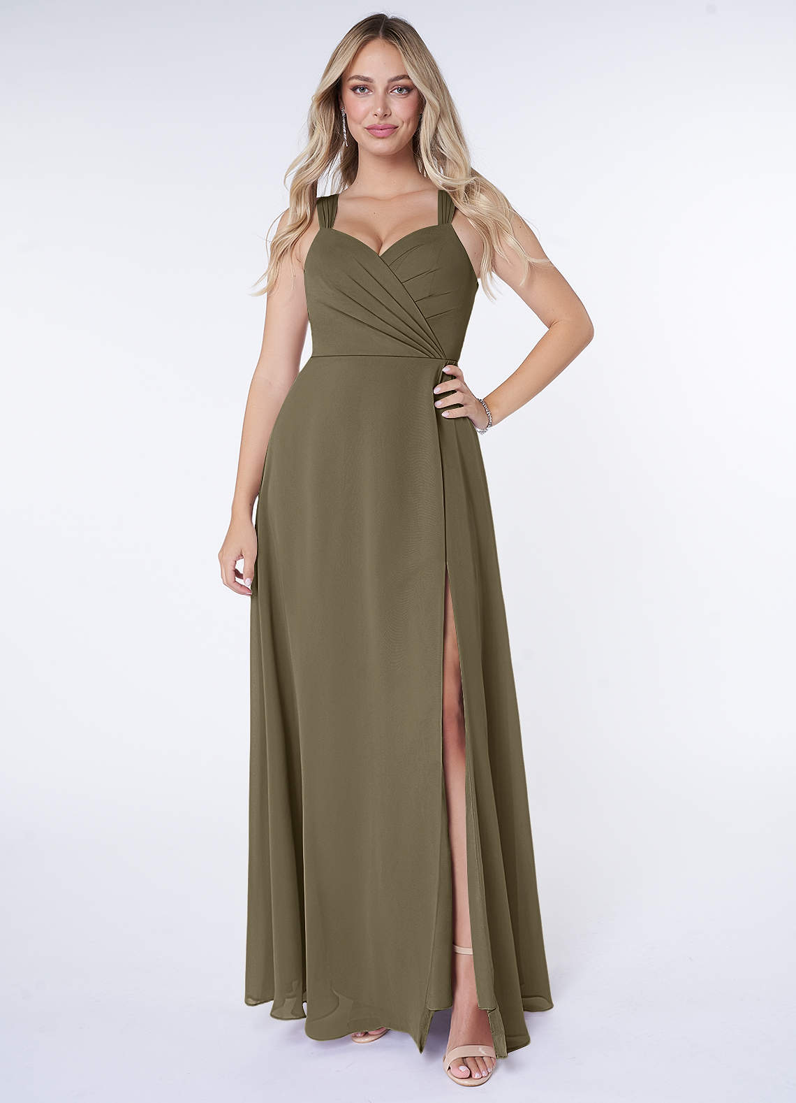 Azazie Nahrin Brautjungfernkleider A-Linie V-Hals Gefaltet Chiffon Kleid Weidengrün image1