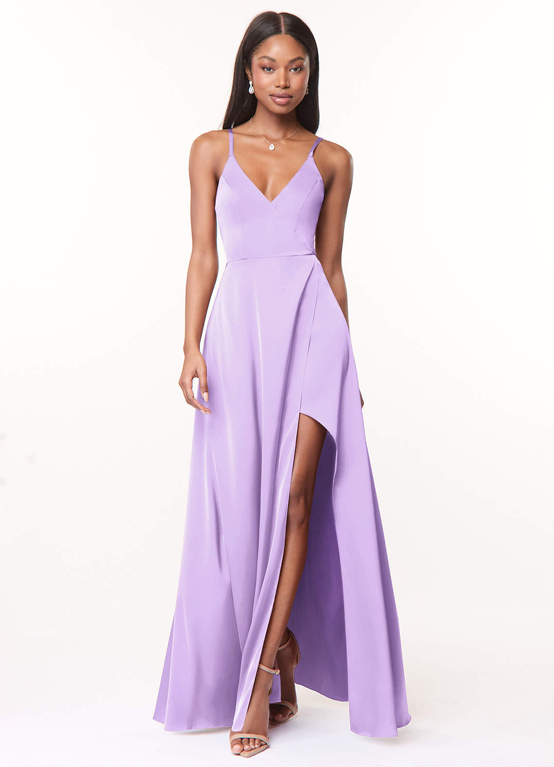Azazie Maksim Bridesmaid Dresses Lilac A-Line V-Neck Stretch Satin Dress image1