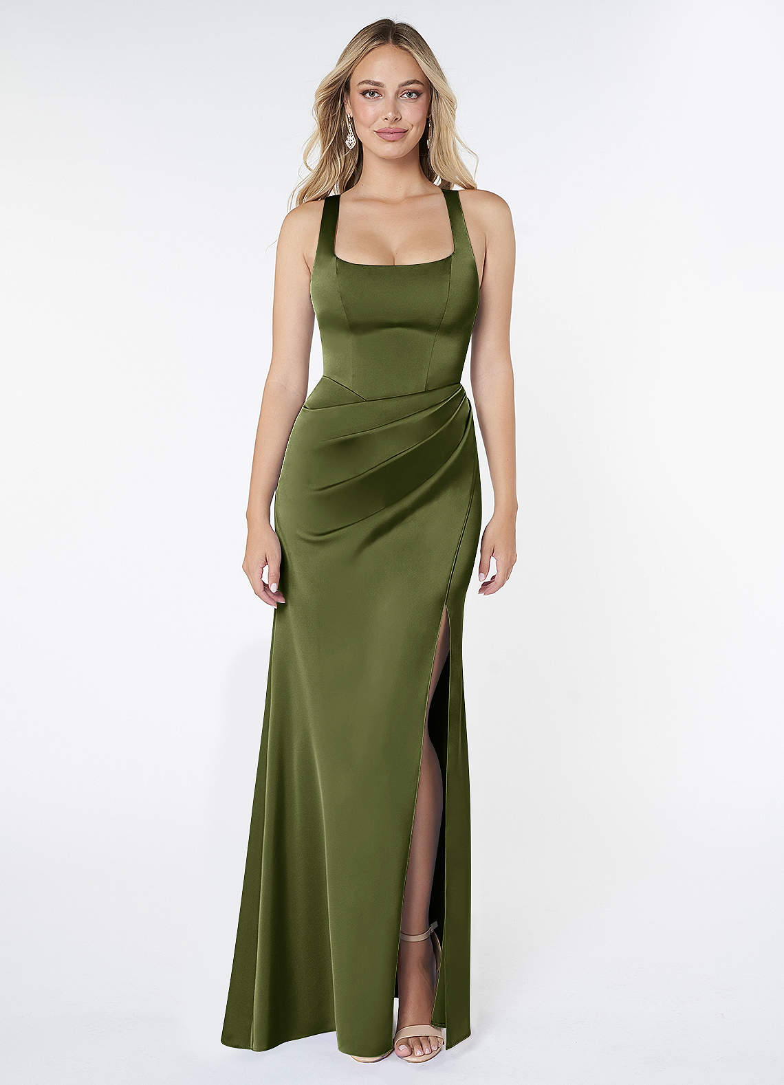 Azazie Mero Bridesmaid Dresses Olive Sheath Pleated Stretch Satin Dress image1