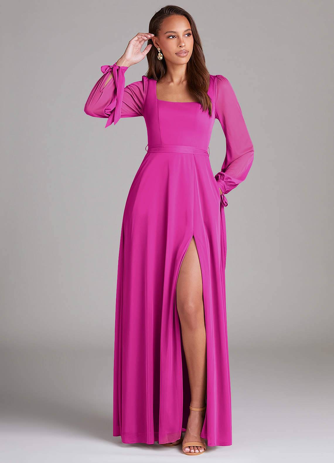 Azazie Leonia Bridesmaid Dresses Fuchsia A-Line Long Sleeve Mesh Dress image1