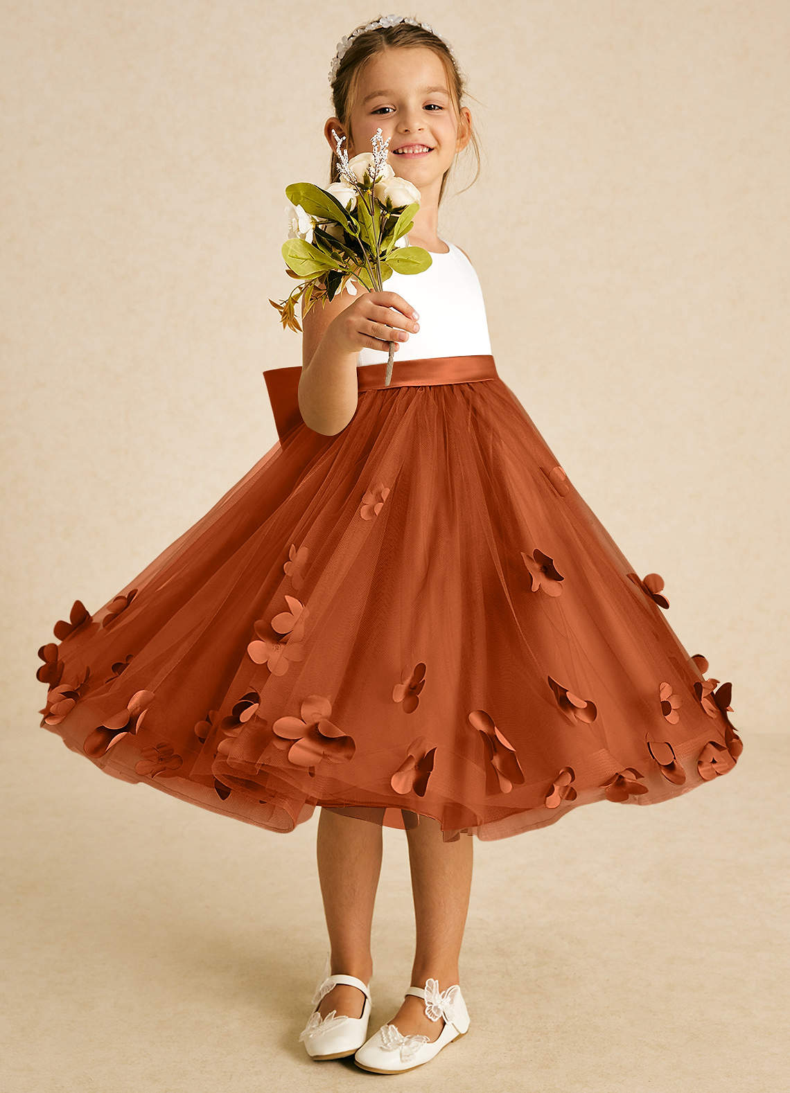 Azazie Sprout Flower Girl Dresses Burnt Orange A-Line Bow Tulle Dress image1
