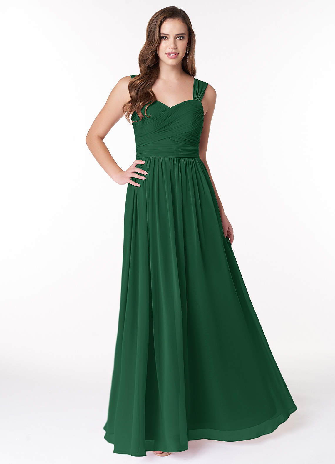 Azazie Zapheira Vestidos de damas de honor Vestido de Verde Oscuro de Gasa de Corte en A con Volante image1
