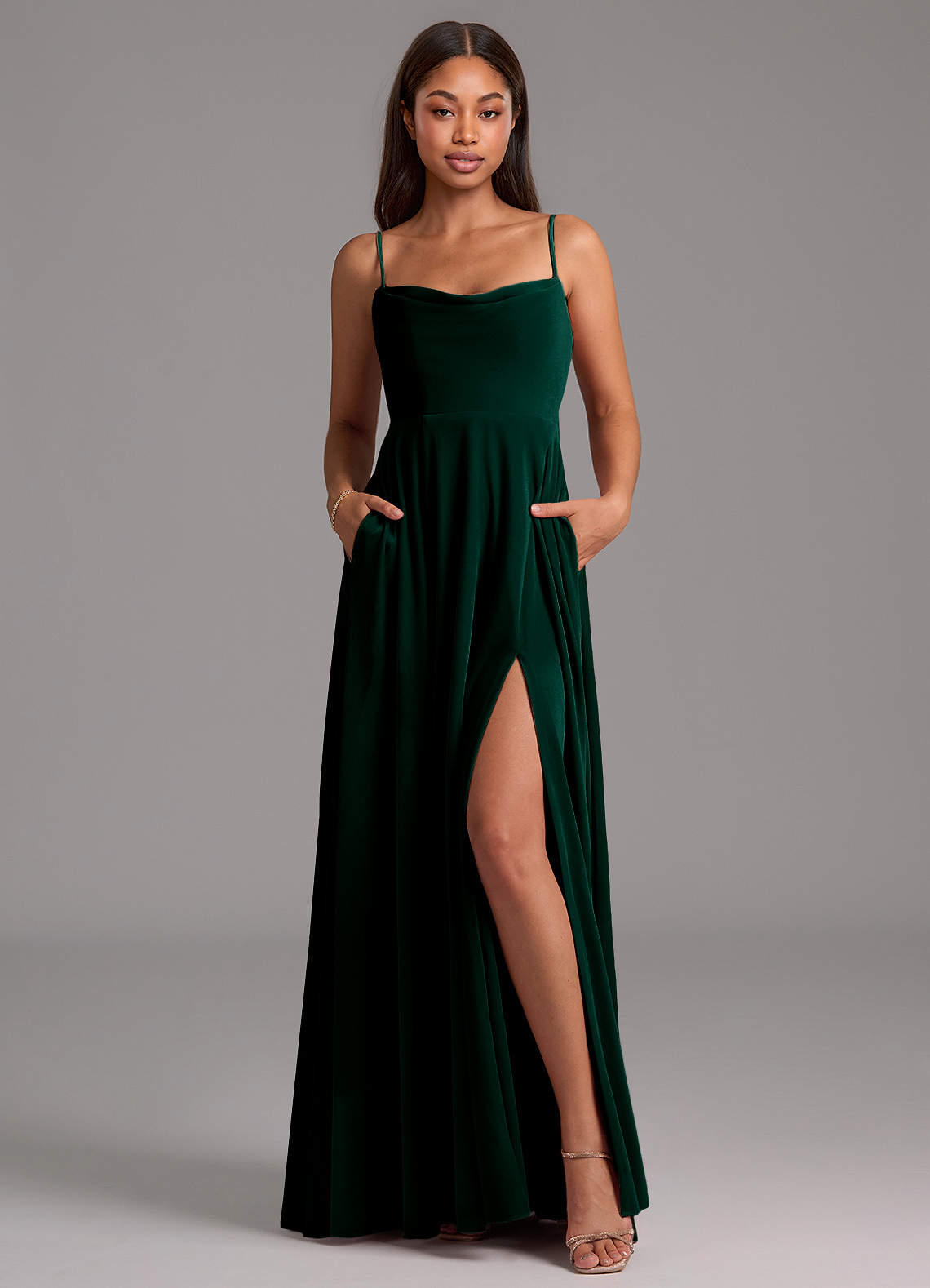 Azazie Elle Bridesmaid Dresses Emerald A-Line with Pockets Velvet Dress image1