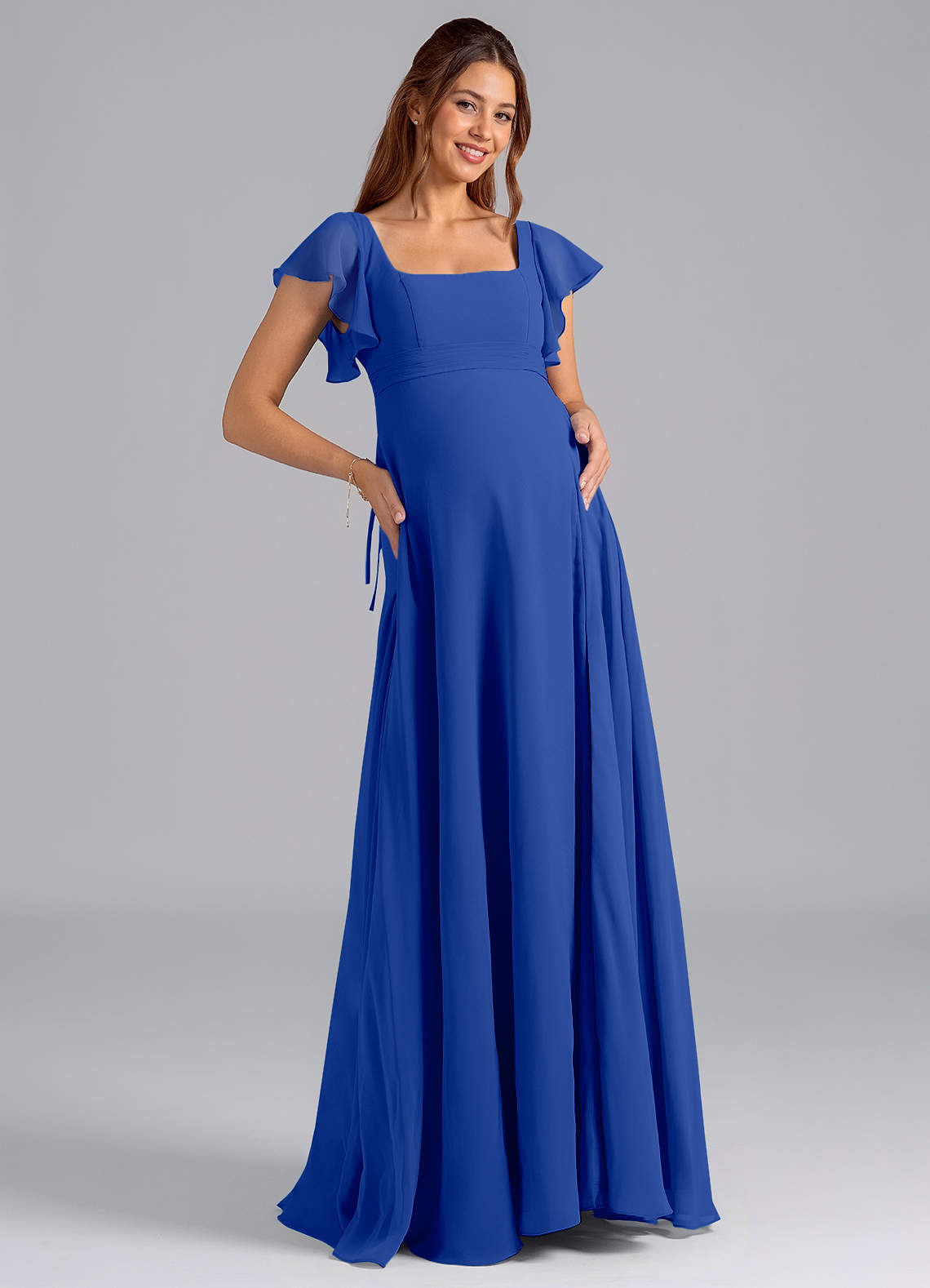 Azazie Bondi Maternity Bridesmaid Dresses A-Line Ruched Chiffon Floor-Length Dress image1