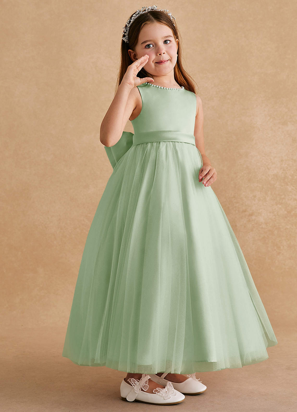 Azazie Cookie Flower Girl Dresses Dusty Sage A-Line Bow Tulle Dress image1