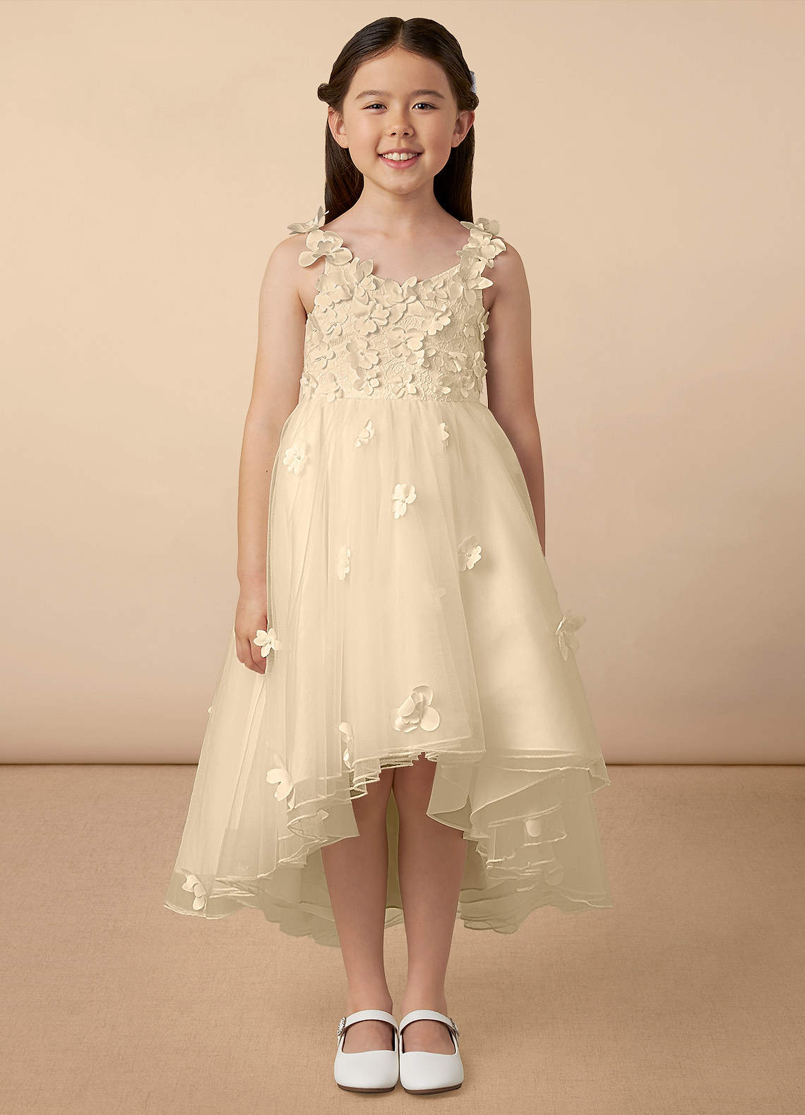 Azazie Ceres Blumenmädchenkleider Ballkleid Spitze Tüll Kleid Champagner image1