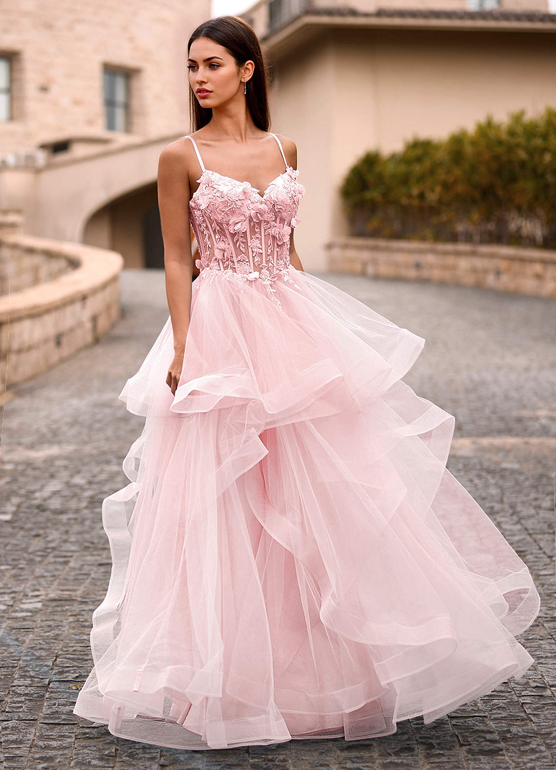 Azazie Blushing Pink 3D Flowers Ruffles V Neck Formal Dress