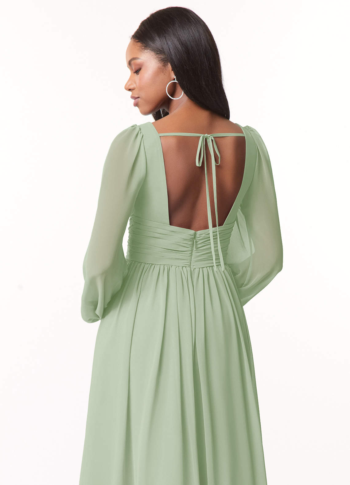 Azazie Norah Bridesmaid Dresses Dusty Sage A-Line V-Neck Long Sleeve Chiffon Dress image2