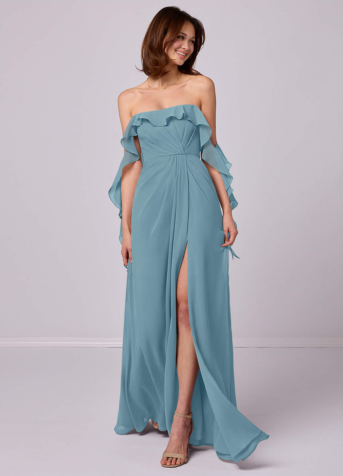 Barbie ♥ Azazie Bridesmaid Dresses Moody Blue A-Line Off the Shoulder Chiffon Convertible Dress image1