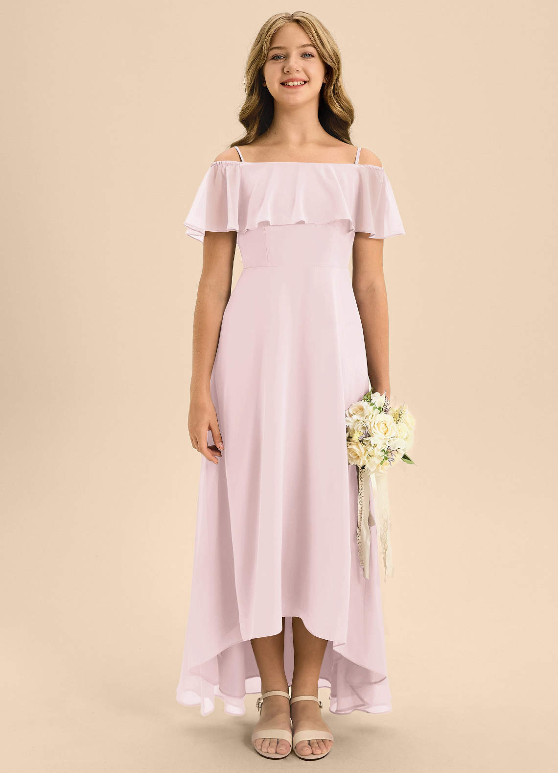 Azazie Maggie Junior Blushing Pink A-Line Off the Shoulder Chiffon Dress image1