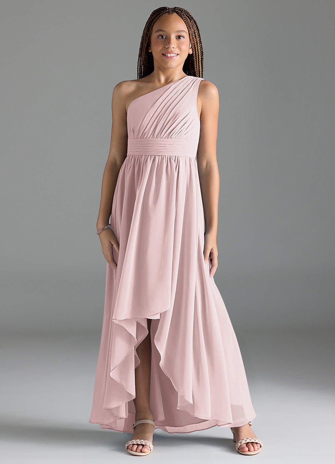 Azazie Mathilda Junior Blushing Pink A-Line Pleated Chiffon Dress image1