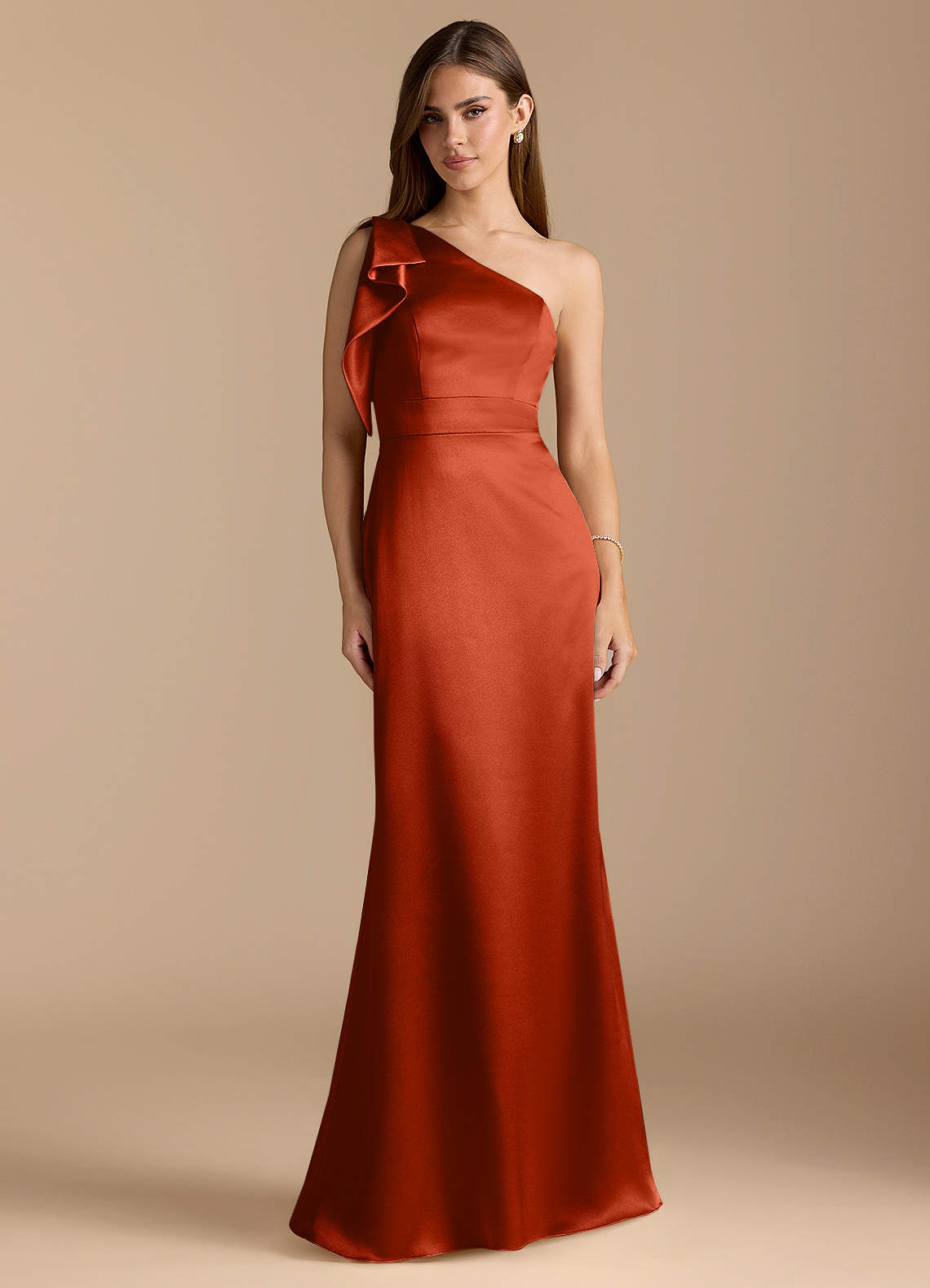 Azazie Rinna Brautjungfernkleider Meerjungfrau-Linie Gestreift Metallischer Satin Kleid Paprika image1