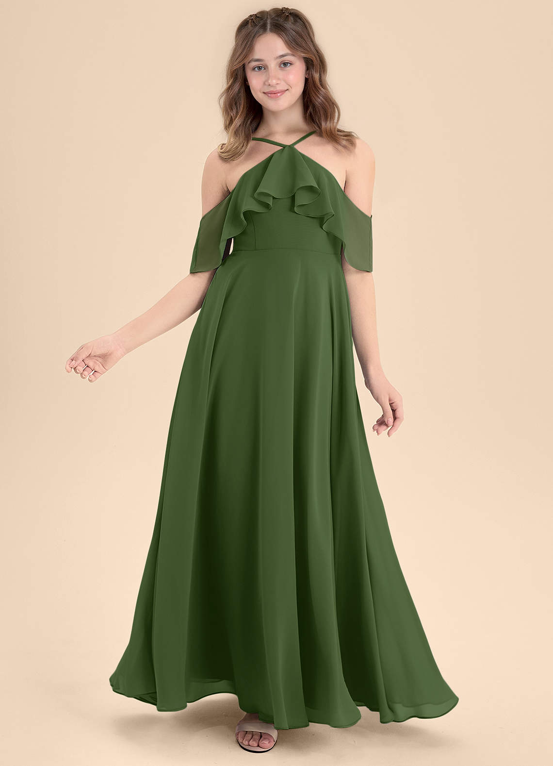 Azazie Tessabelle Junior Vestido de Oliva de Gasa de Corte en A con Vestidos sin tirantes image5