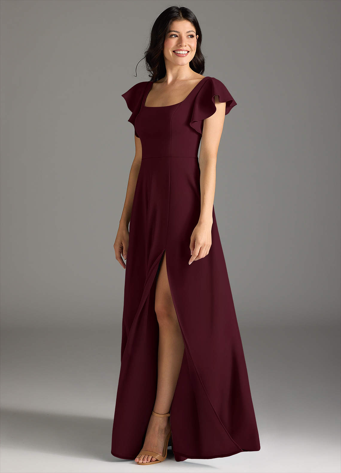 Azazie Bondi Final Sale Cabernet A-Line Ruched Stretch Crepe Dress image3