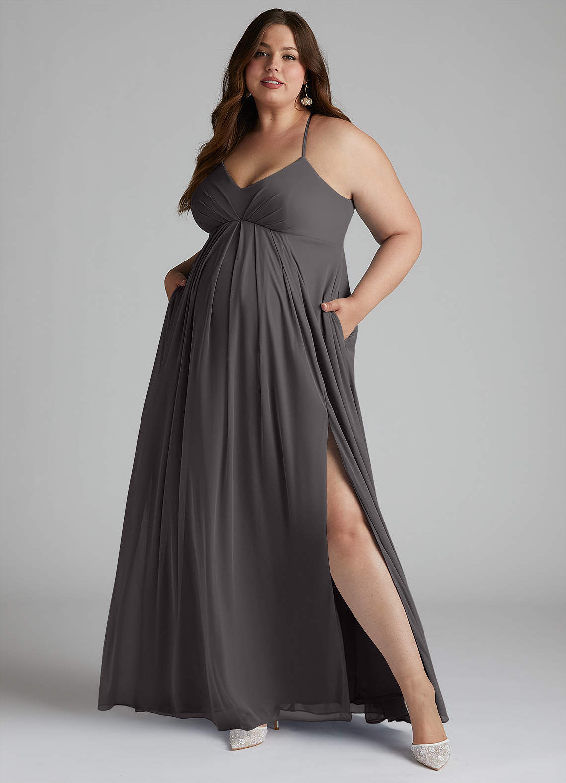 Azazie Annabelle Maternity Bridesmaid Dresses A-Line V-Neck Pleated Mesh Floor-Length Dress image8