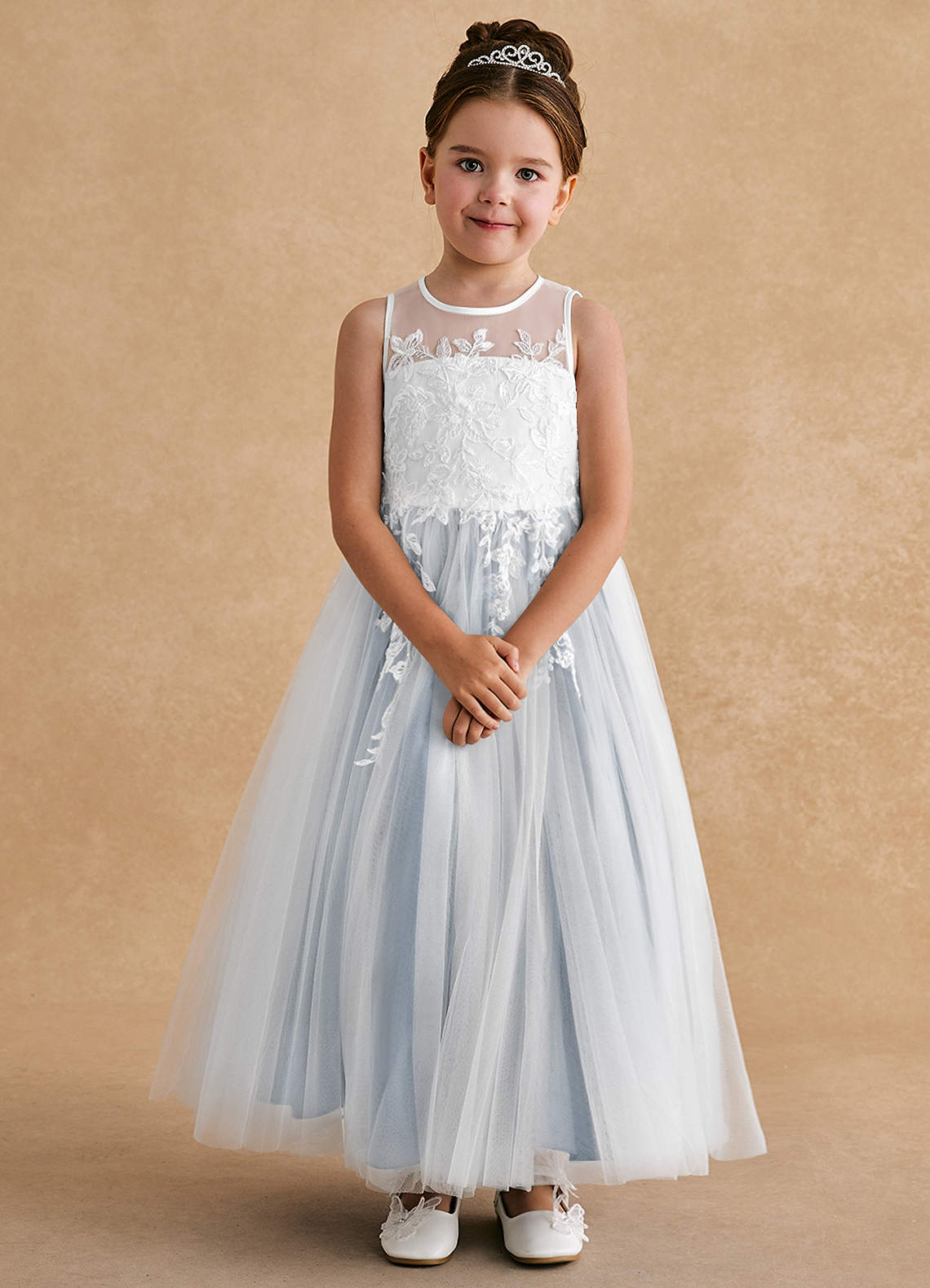 Azazie Bitsy Ivory Dusty Blue A-Line Lace Tulle Dress Ready to