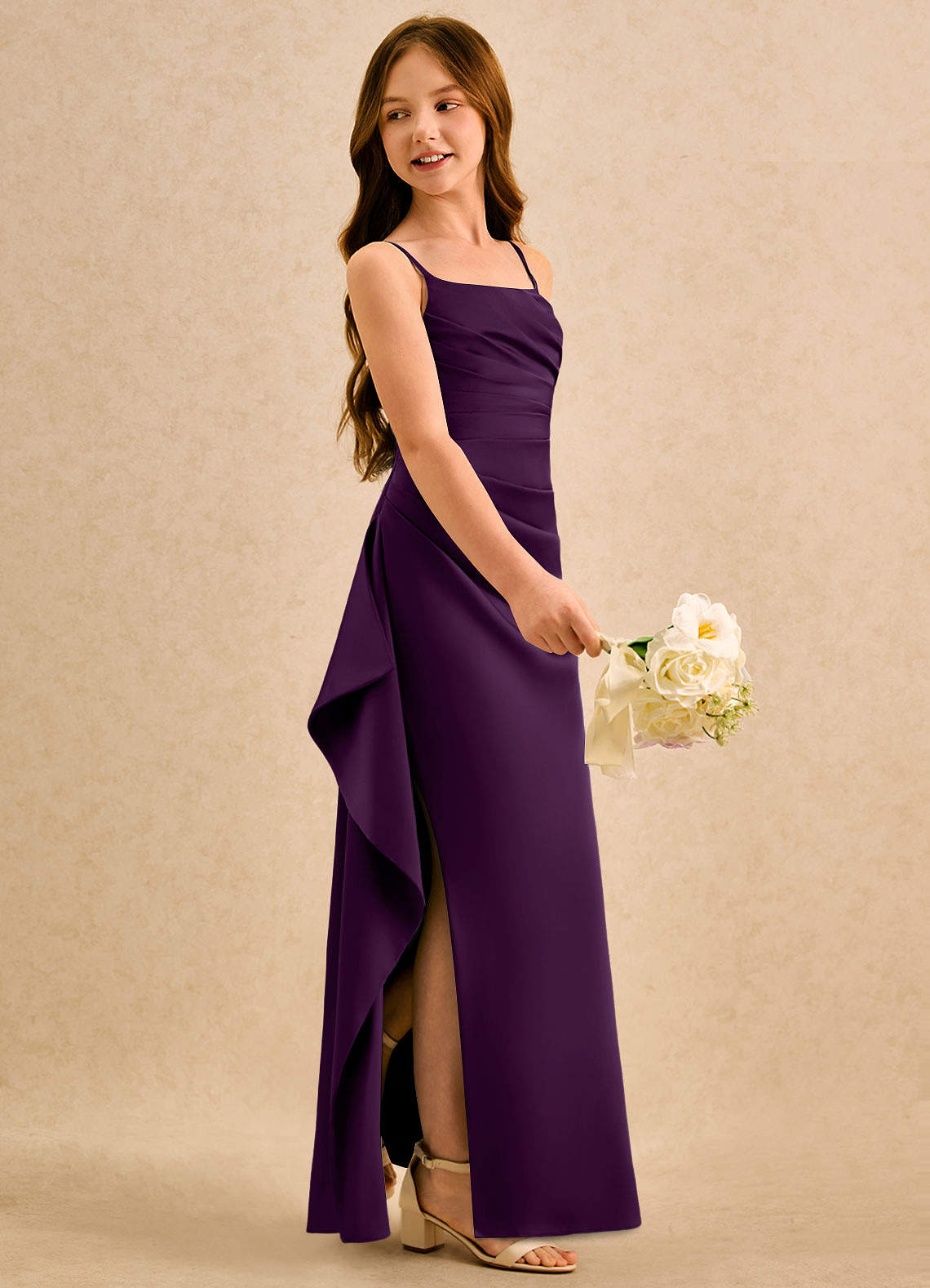 Azazie Cannoli Girls Formal Sukienki dla dziewczynek sypiących kwiaty Linia A Pofałdowany Satyna elastyczna Długość podłogi Sukienka image4