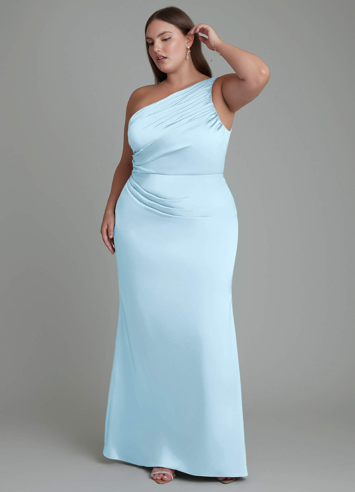 Azazie Akilah At-home Try On Dresses Sky Blue Mermaid One Shoulder Stretch Satin Dress image9