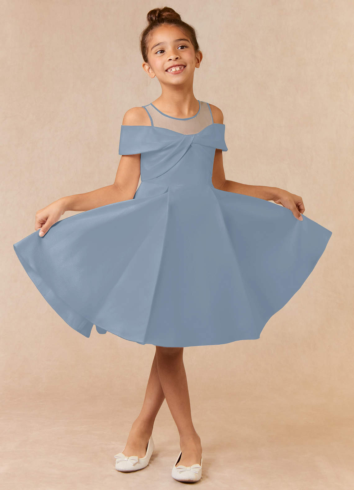 Azazie Shirin Flower Girl Dresses Dusty Blue A-Line Off the Shoulder Matte Satin Dress image1