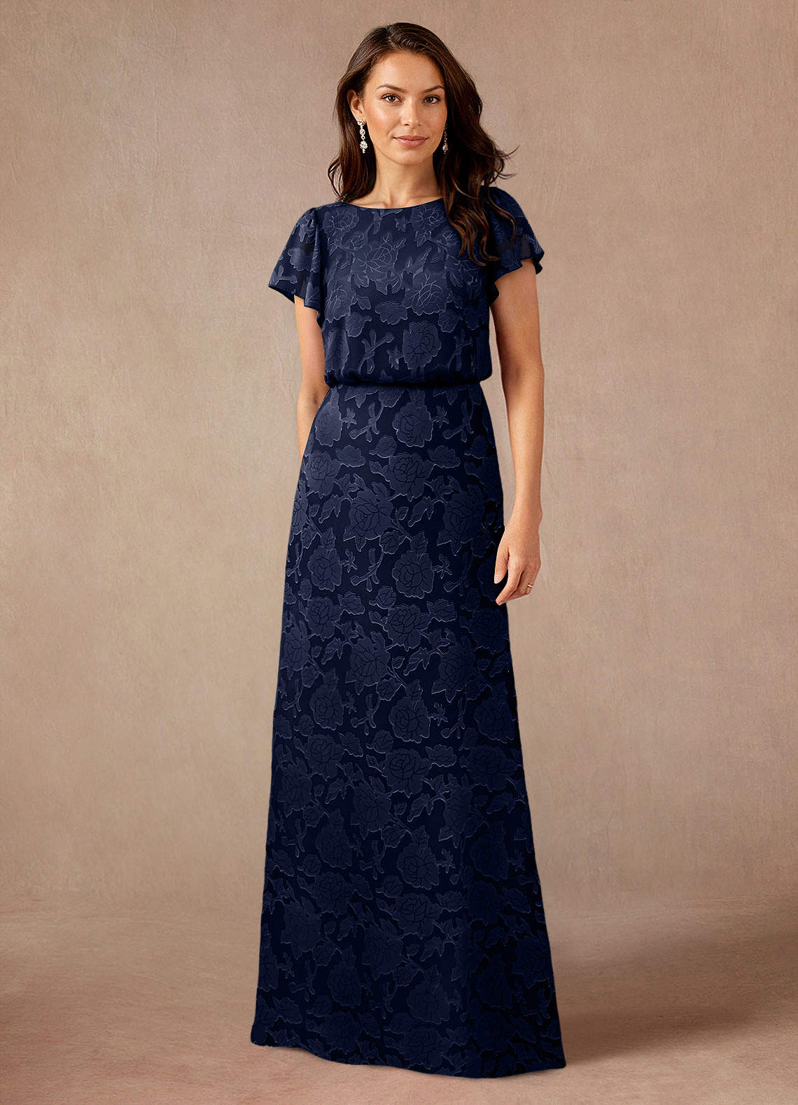 Azazie Lehi Mother of the Bride Dresses Dark Navy A-Line Boatneck Floral Burnout Dress image1