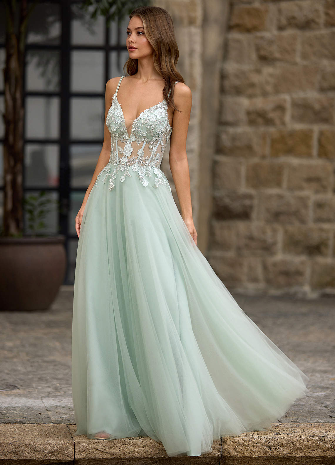 green emerald velvet dress Green A-Line Lace Tea Length Prom Dress, Light Green Formal Dress – dresstby main image 1