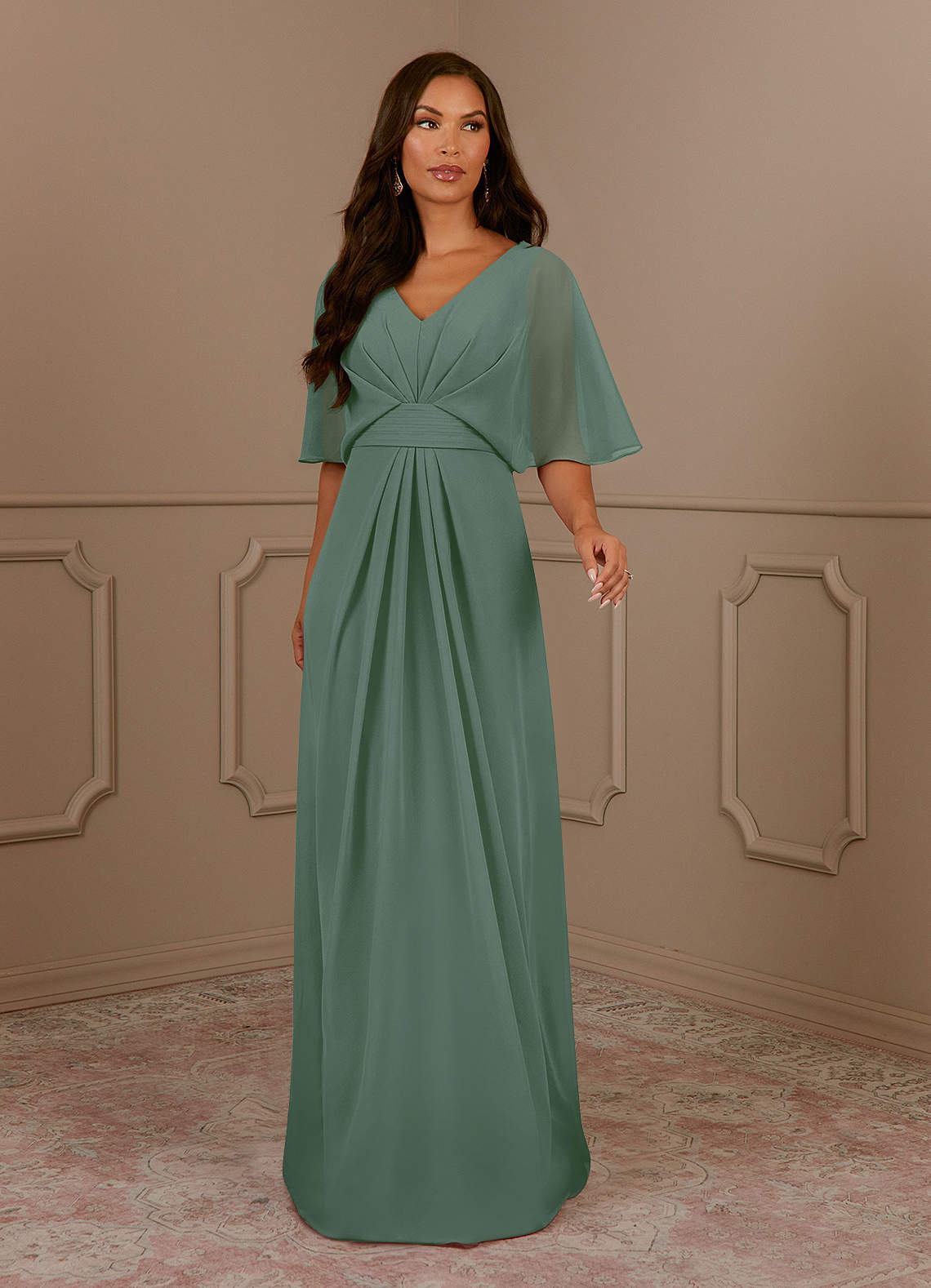 Azazie Oksana Eucalyptus A-Line V-Neck Pleated Chiffon Dress | Azazie