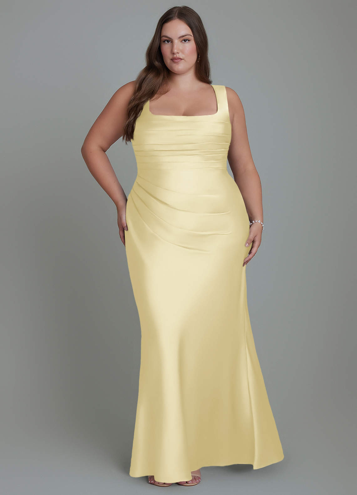 Azazie Agustina At-home Try On Dresses Lemon Sorbet Mermaid Corset Stretch Satin Dress image6