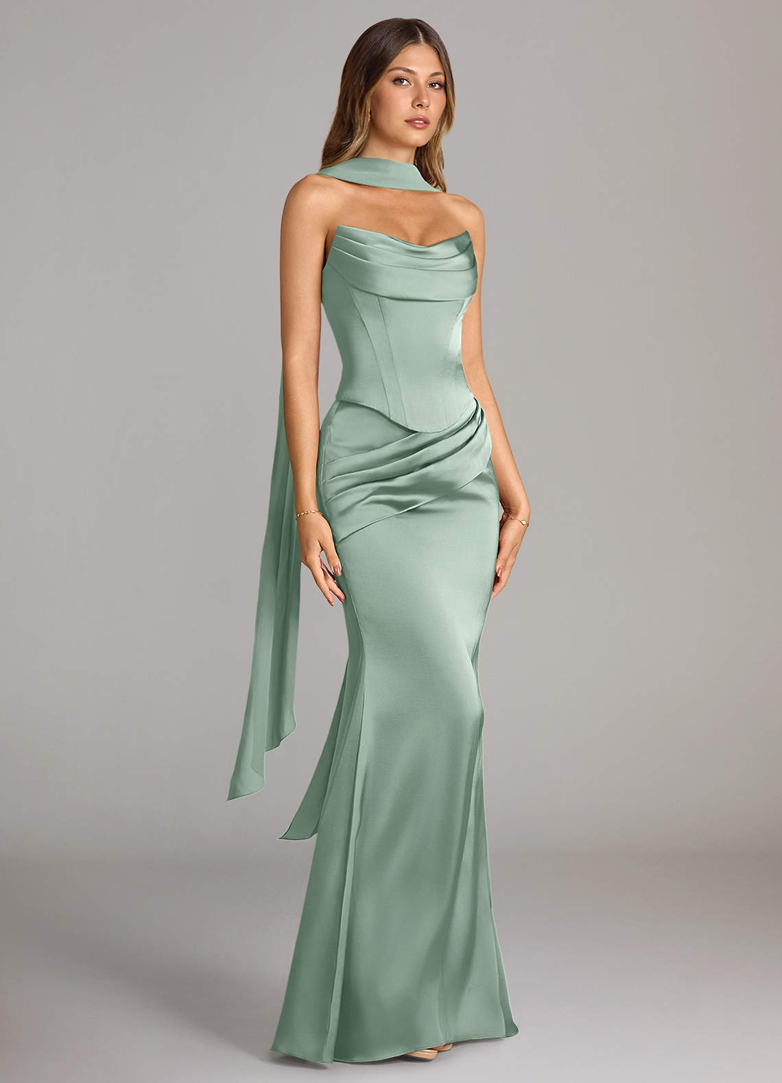 Azazie Sorrel At-home Try On Dresses Agave Mermaid Strapless Stretch Satin Convertible Dress image2