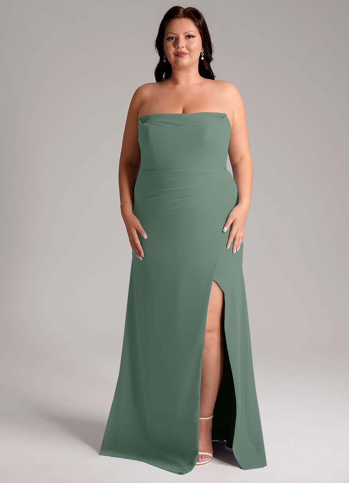 Azazie Leonis Vestidos de madrinha de casamento Vestido Eucalipto de Chiffon de Bainha com Sem alças image10