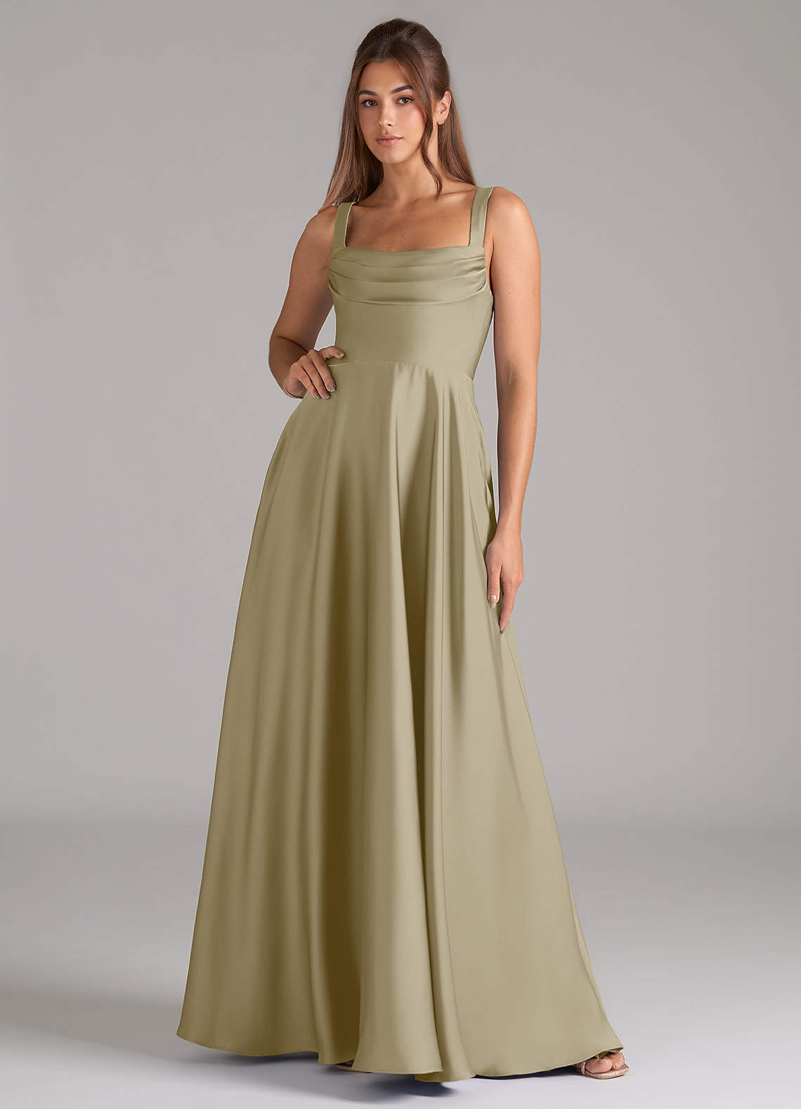 Azazie Shaude Bridesmaid Dresses Moss Green A-Line Pleated Stretch Satin Dress image1