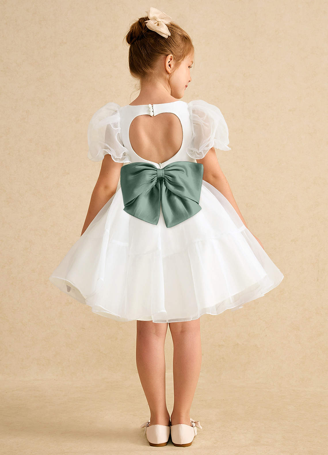 Azazie Debbie Flower Girl Dresses Ivory Eucalyptus Ball-Gown Sweetheart Neckline Organza Dress image1