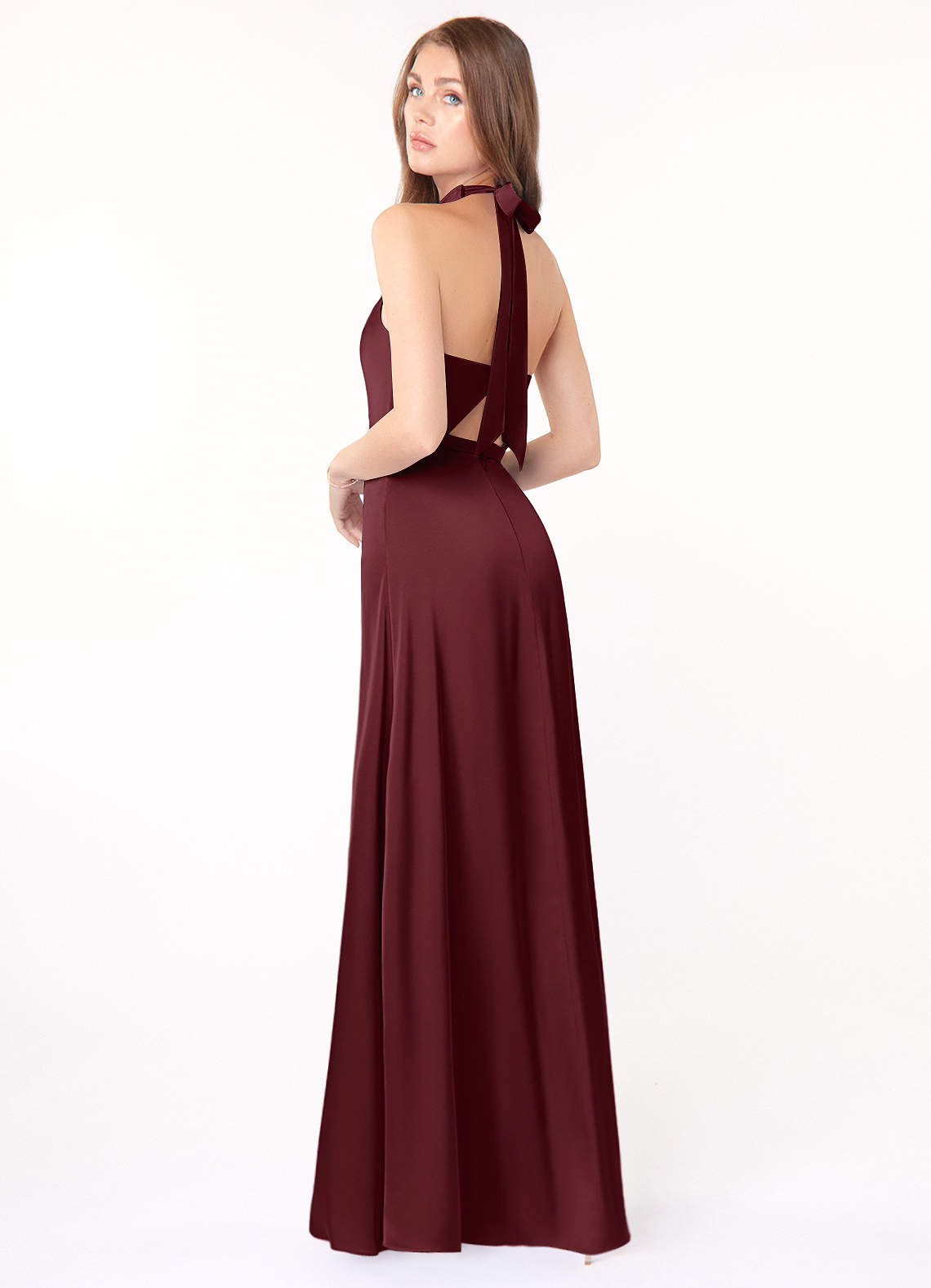 Azazie Delmar Bridesmaid Dresses A-Line Halter Bow Stretch Satin Floor-Length Dress image1