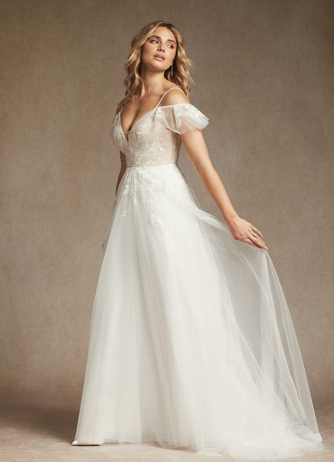 Off Shoulder Long A-line Sequin Tulle Wedding Dresses, Lovely Wedding Dresses, Bridal Gown