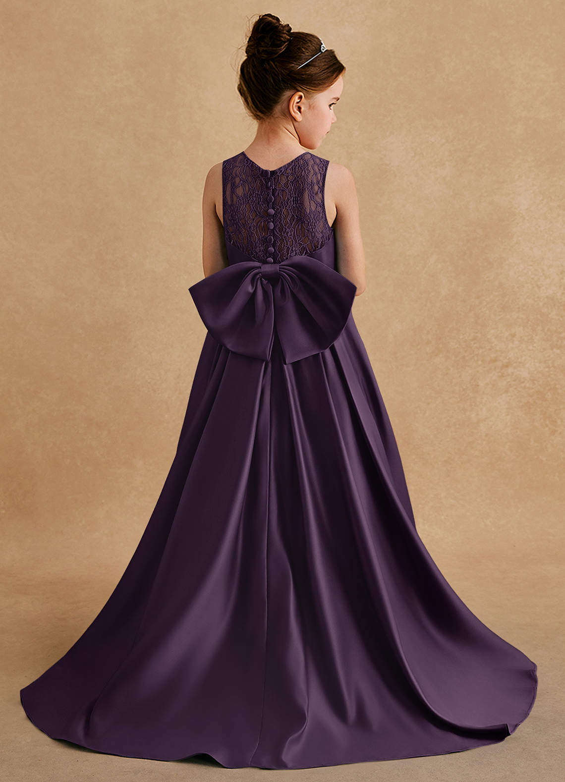 Azazie Sammy Flower Girl Dresses Plum A-Line Lace Matte Satin Dress image1