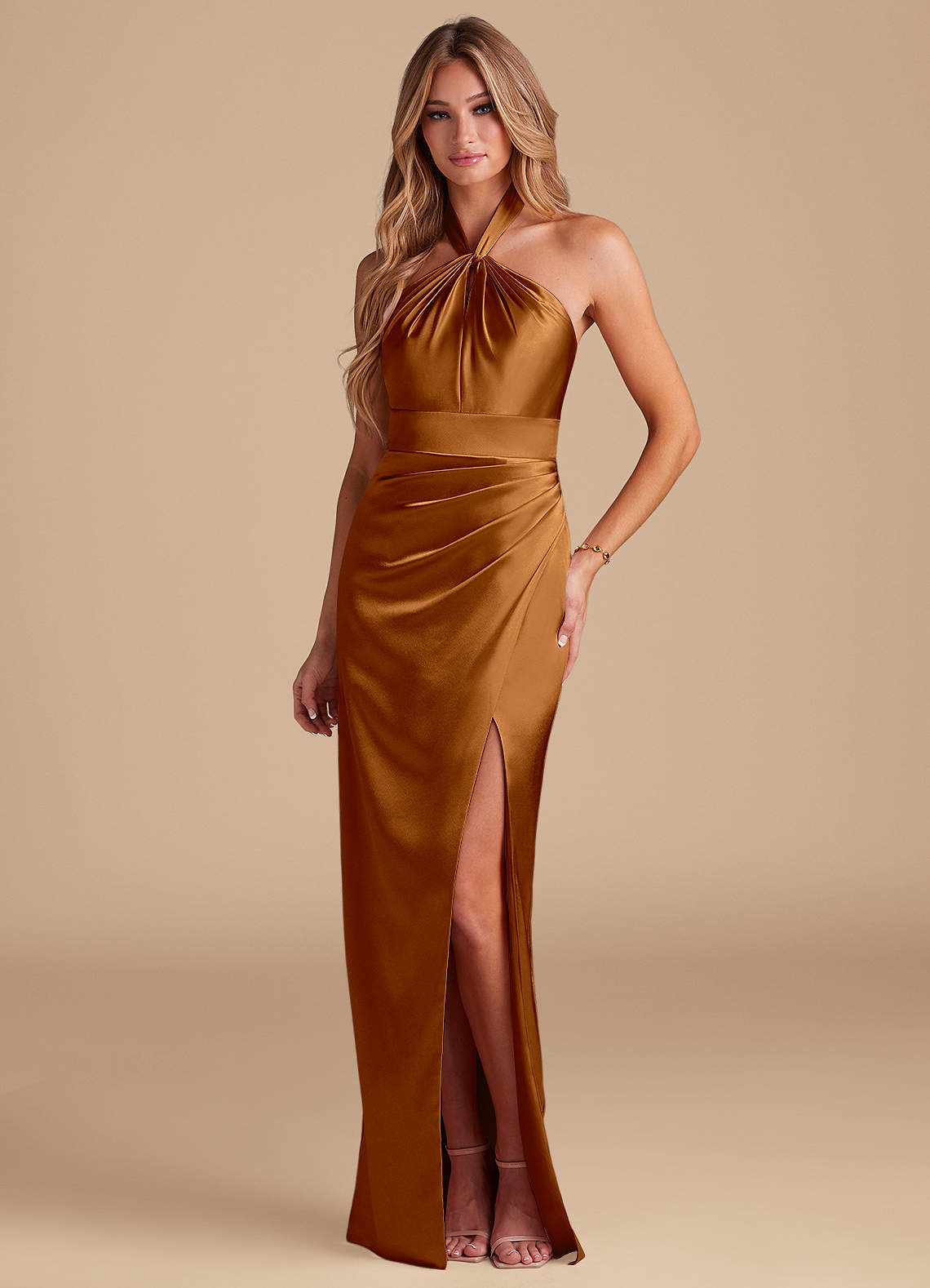 Azazie Zaya Bridesmaid Dresses Copper Sheath Pleated Metallic Satin Dress image1