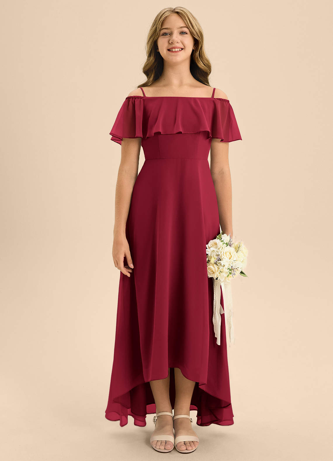 Azazie Maggie Junior Vestido de Borgoña de Gasa de Corte En A con Vestidos sin tirantes image1