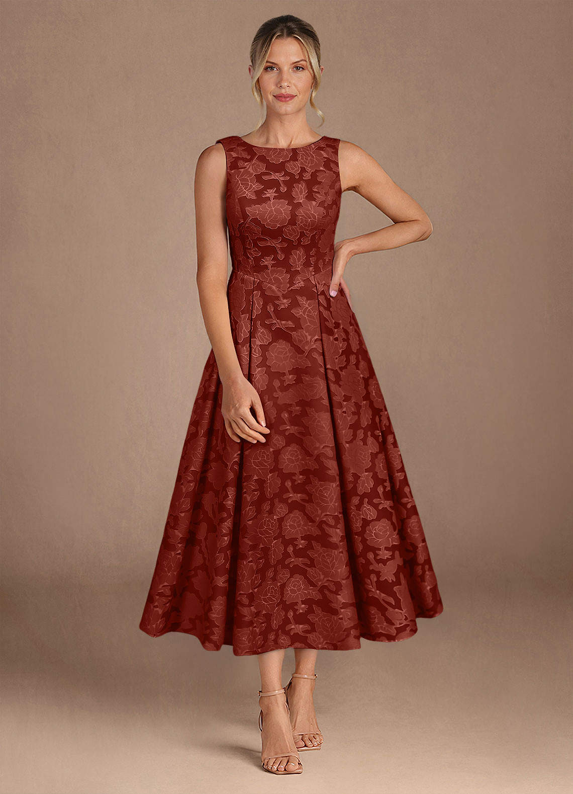 Azazie Fulton vestidos de madre de la novia Vestido de Terracota de Devorado Floral de Corte En A con Plisado image3