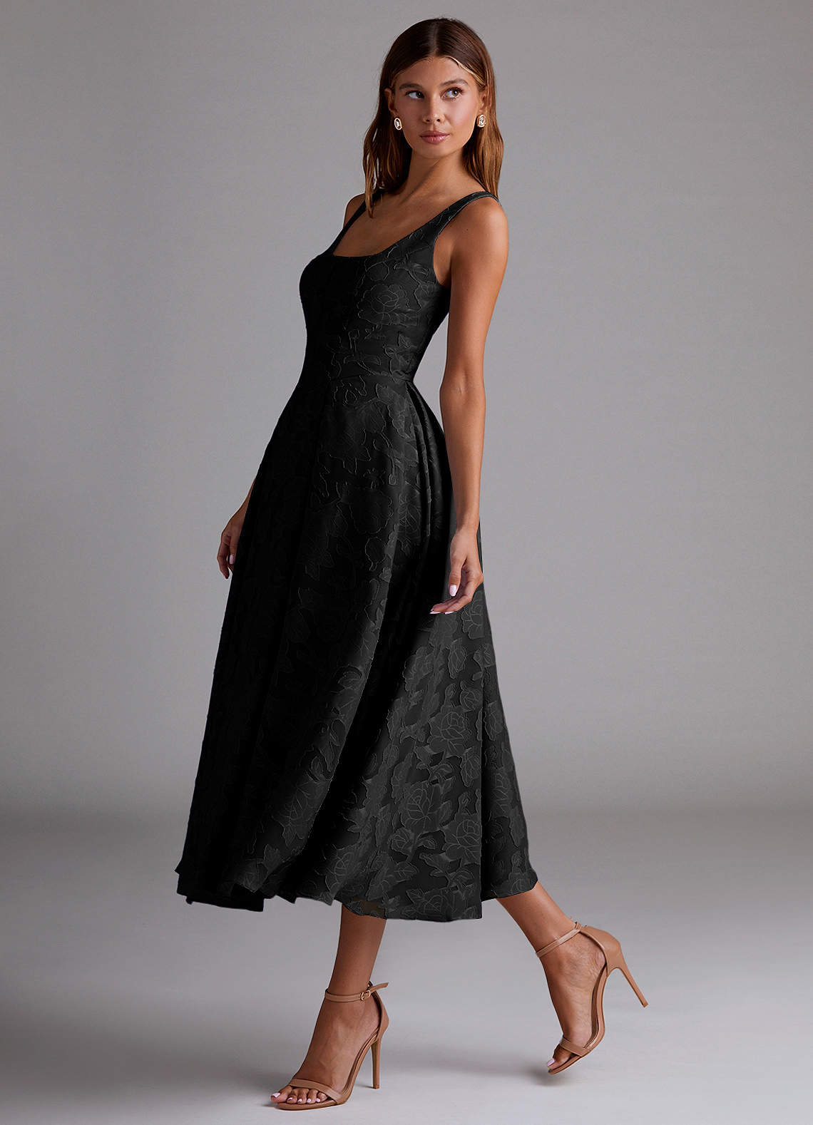 Azazie Amalie Bridesmaid Dresses Black A-Line Pleated Floral Burnout Dress image3
